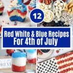 Red, white, and blue recipes: cupcake, cheese board, slushie drink, cake.