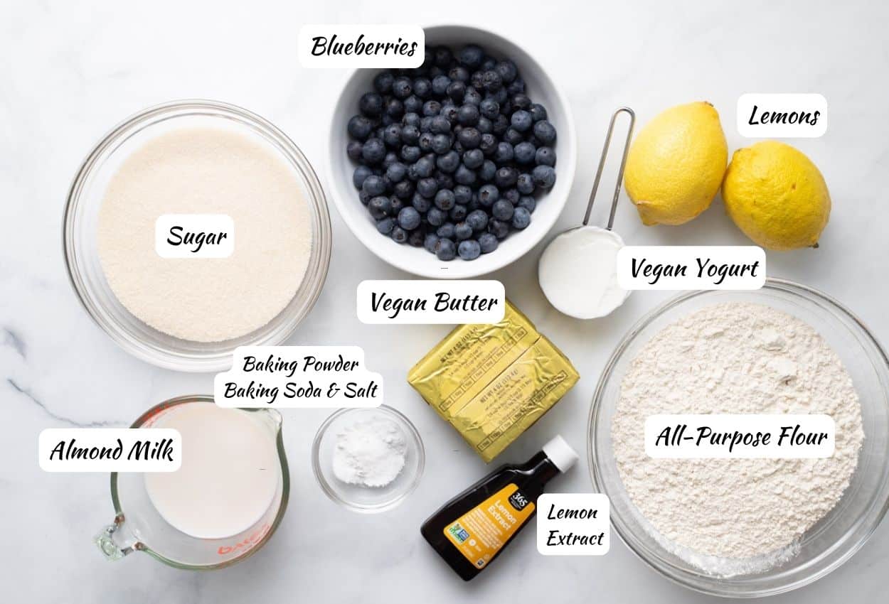 Vegan Blueberry Lemon Cake Ingredients: Sugar, blueberries, lemons, all-purpose flour, lemon extract, began butter, baking powder, baking soda, salt, almond milk, and vegan yogurt.