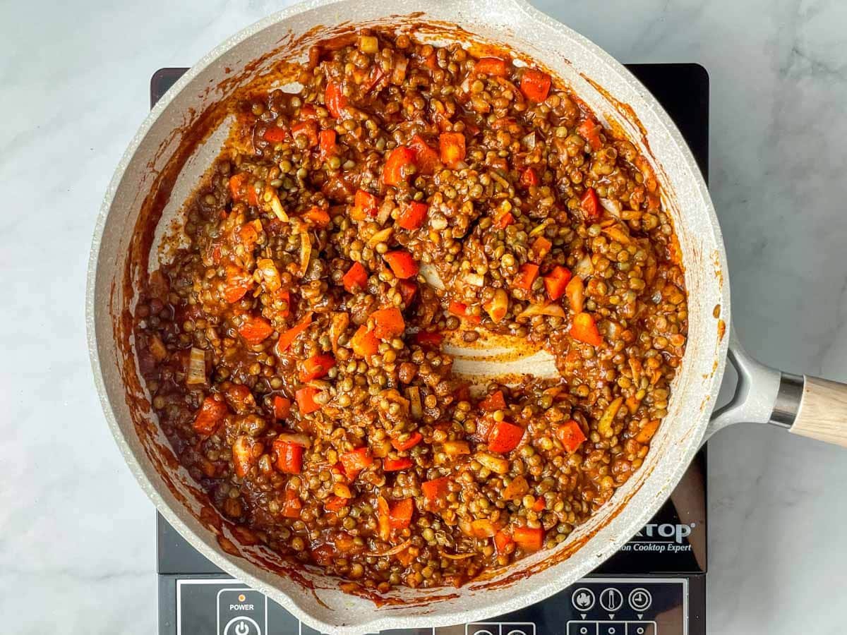 Lentils, spices, and tomato sauce, with onions, and red peppers.
