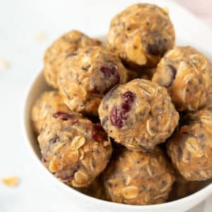 Bowl of almond butter protein balls.