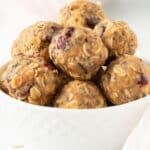 Almond butter protein balls in a bowl.