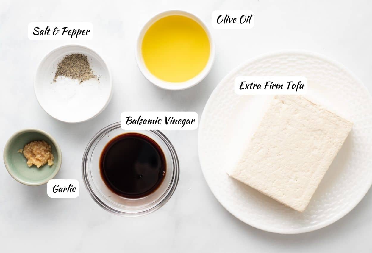 Tofu Balsamic Marinade ingredients: salt, pepper, olive oil, tofu, balsamic vinegar, garlic. 