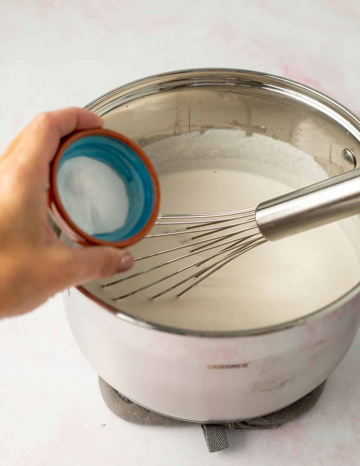 Adding yogurt starter to pot of warm almond milk.