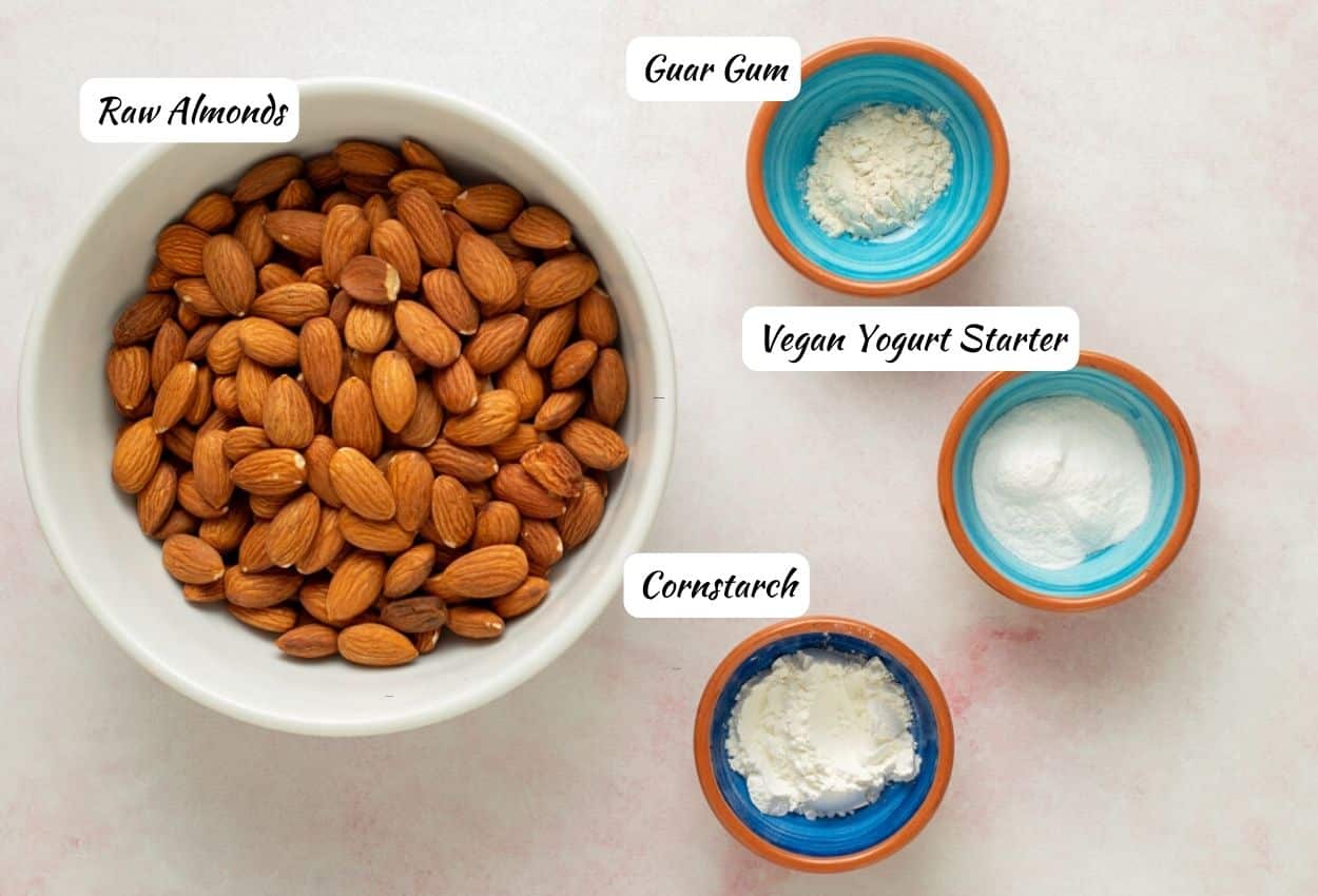 Almond milk yogurt ingredients: Raw almonds, guar gum, vegan yogurt starter, cornstarch.