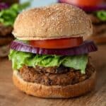 Vegan jackfruit burger served on a whole wheat bun with lettuce, red onion, and tomato.