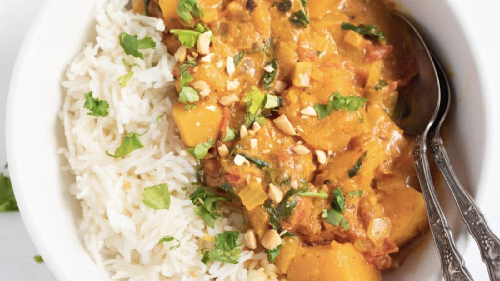 Butternut squash curry served with rice.
