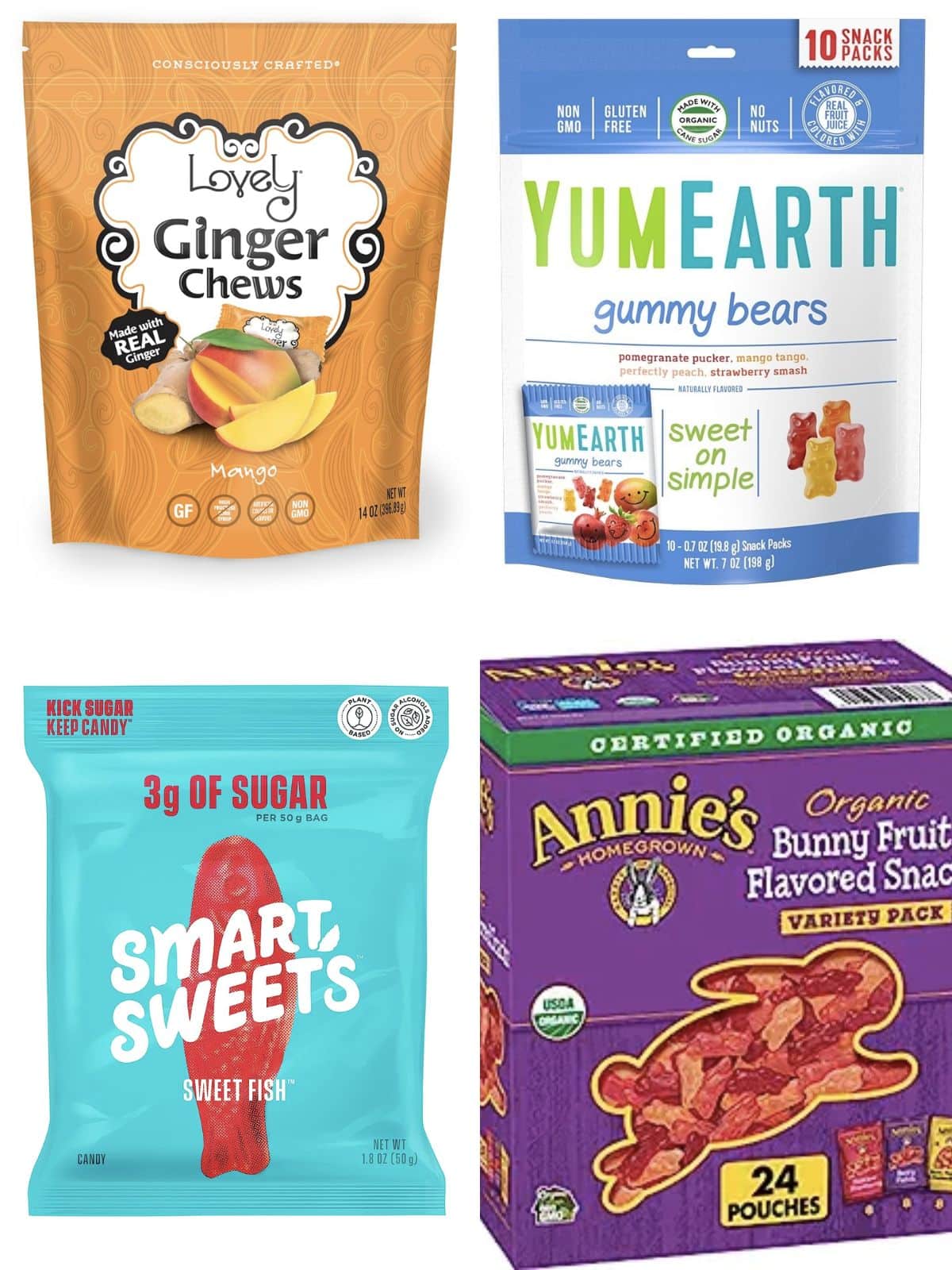 Vegan chewy candies: Lovely Ginger chews, Yum Earth gummy bears, Smart Sweets fish. Annie's fruit snacks.
