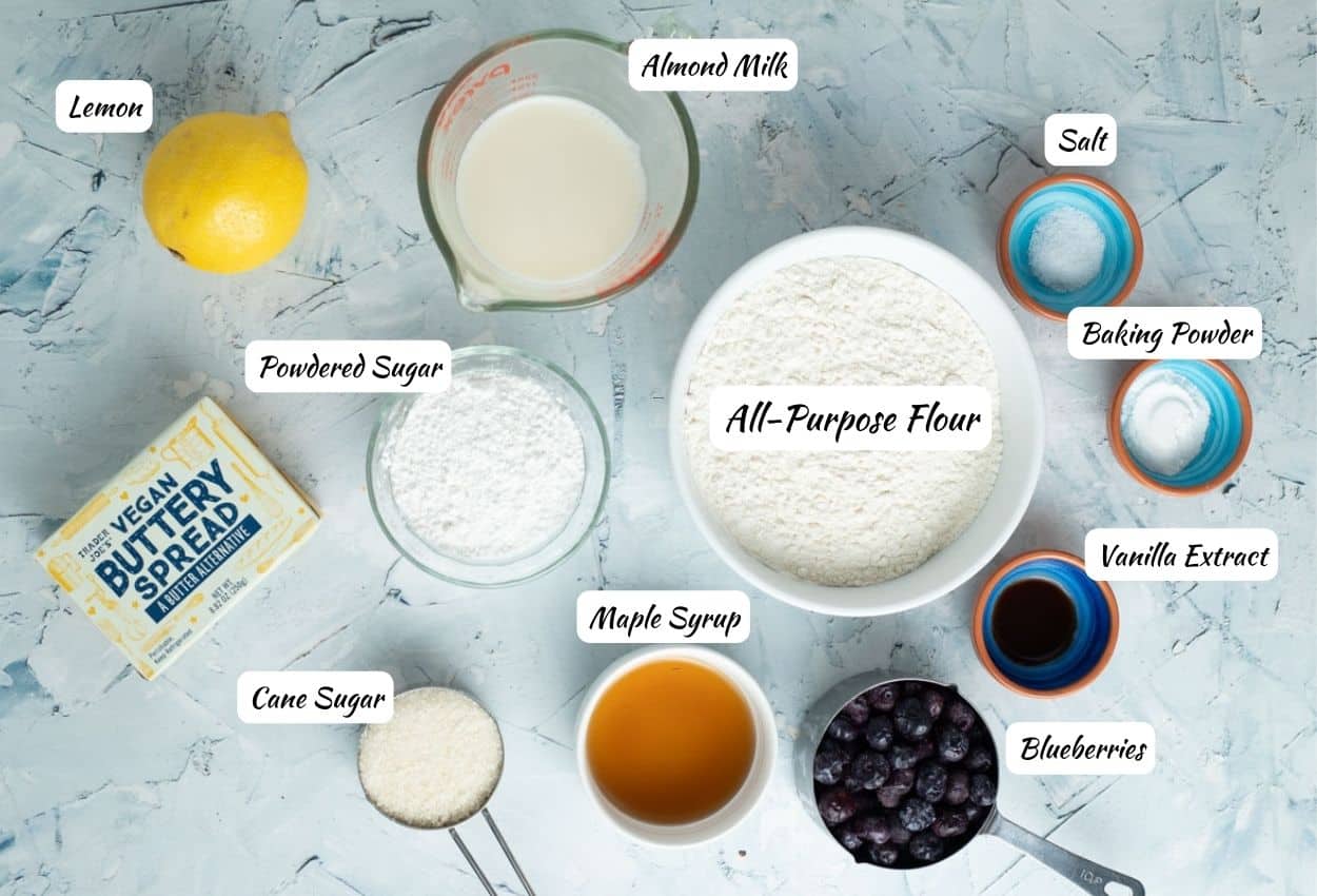 Vegan Scones Ingredients: lemon, almond milk, salt, baking powder, vanilla extract, blueberries, maple syrup, cane sugar, vegan butter, powdered sugar.