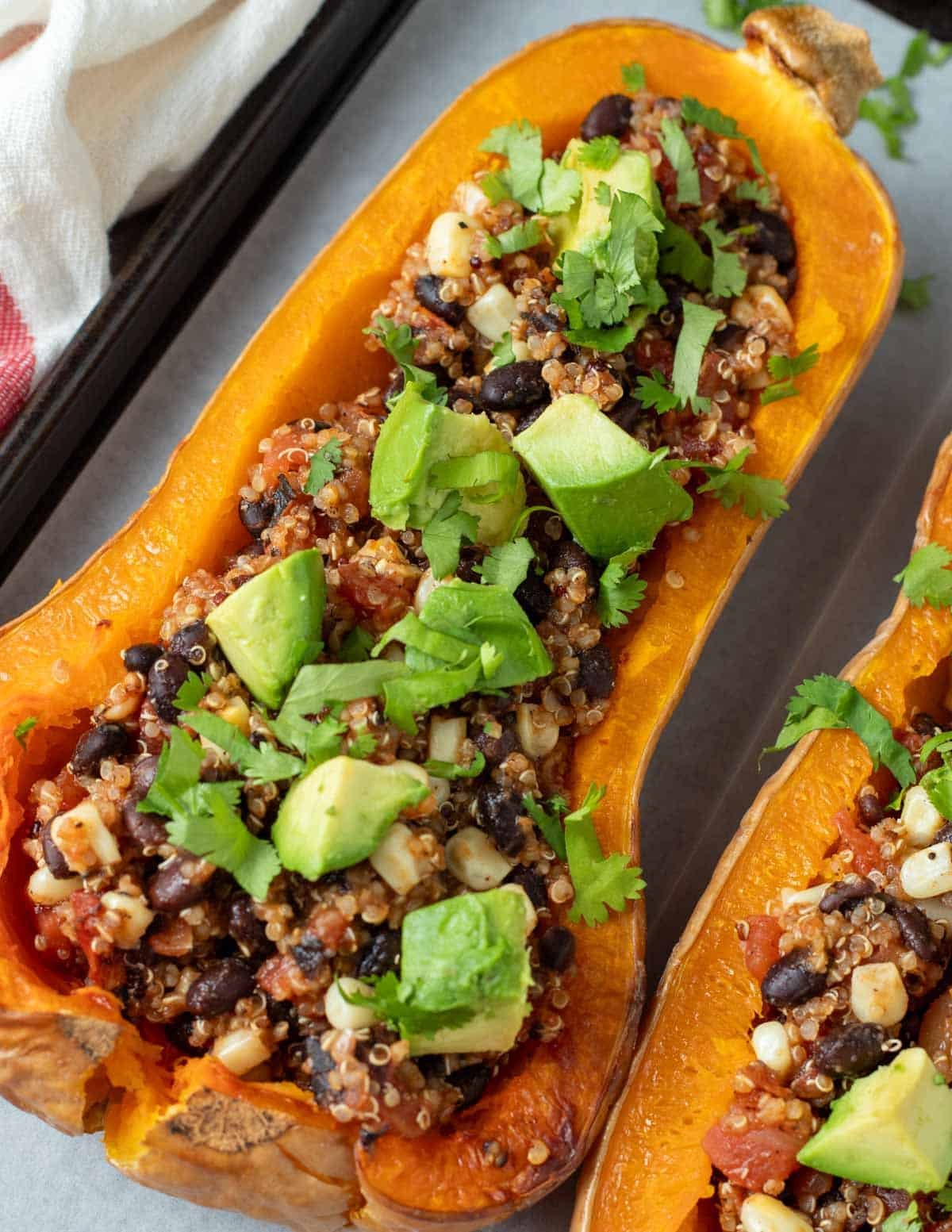 Half a butternut squash stuffed with quinoa and black beans topped with avocado and cilantro.