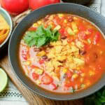 Bowl of vegan tortilla soup.