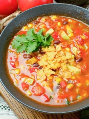 Bowl of vegan tortilla soup.