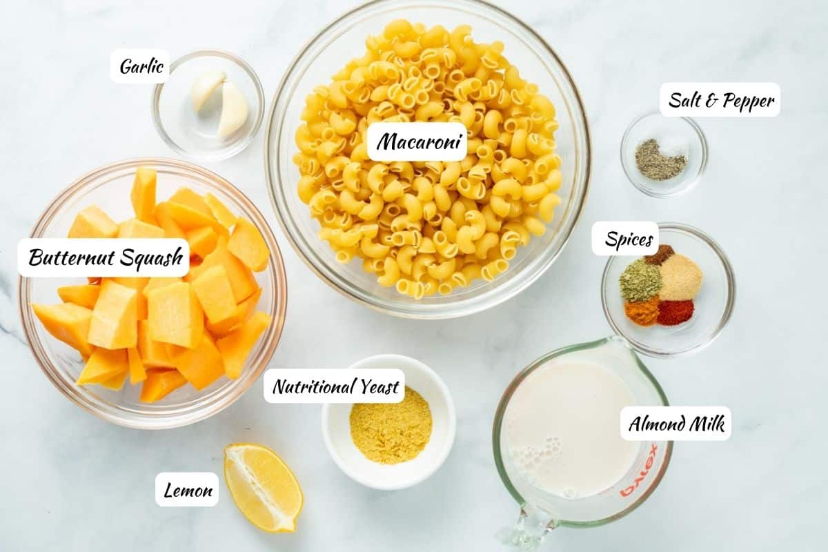 Butternut squash mac and cheese ingredients. Butternut squash, macaroni, spices, almond milk, nutritional yeast, lemon. garlic. 