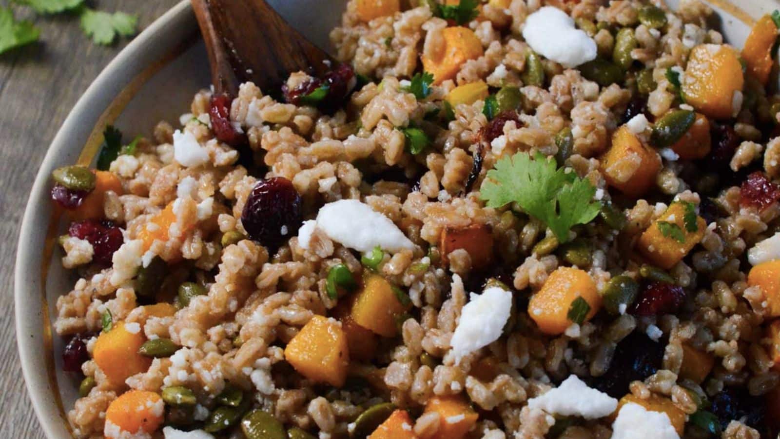 Farro salad with butternut squash and cranberries. 