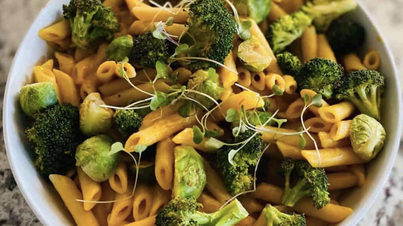 Butternut squash pasta with roasted broccoli and brussels sprouts. 
