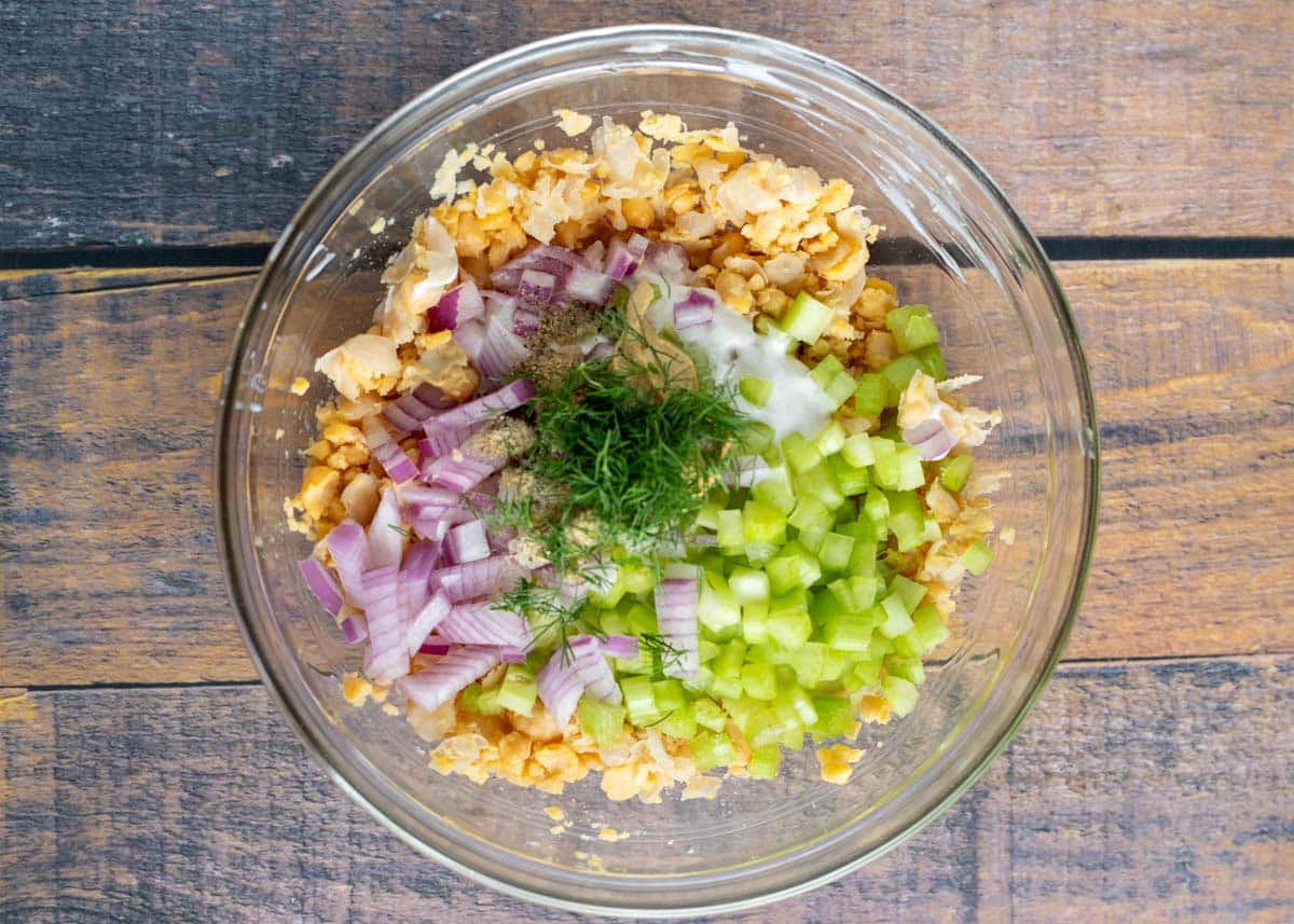Mashed chickpeas with plain yogurt, red onions, celery, and dill.
