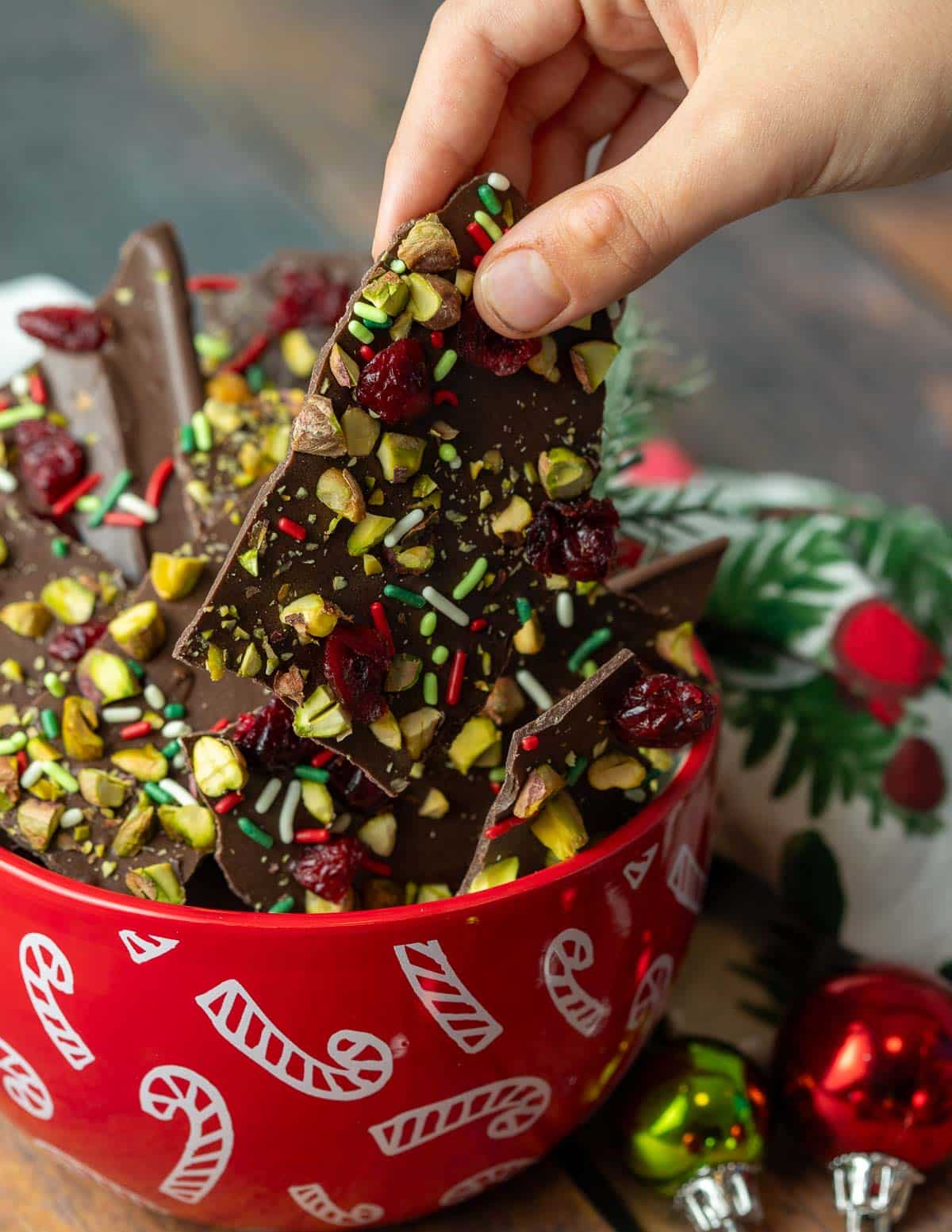 Christmas chocolate bark in bowl.
