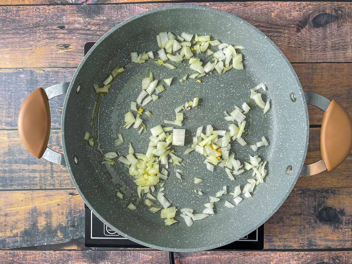 Onions and garlic in saute pan.