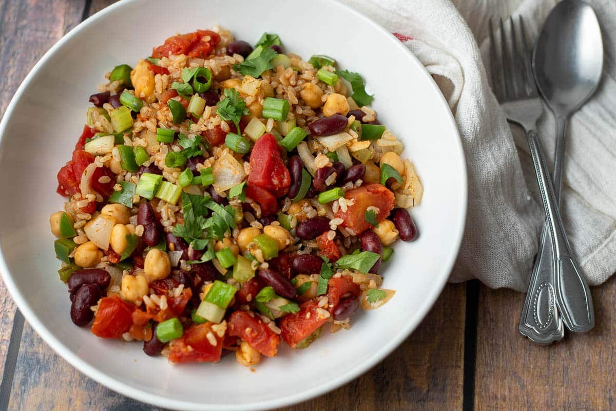 Vegan jambalaya in white serving bowl.