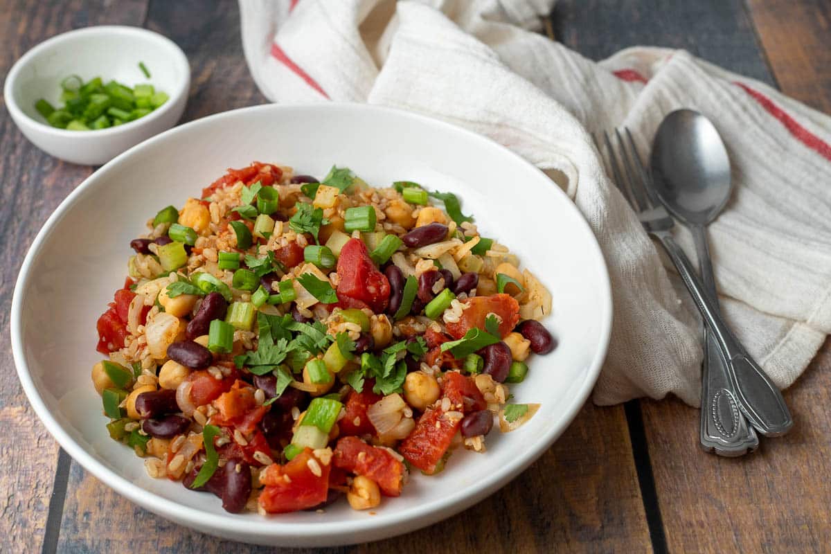 Vegan jambalaya serving in a bowl.