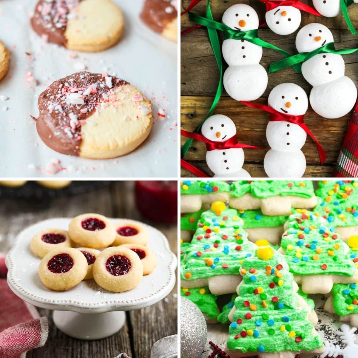 Vegan Christmas Cookies: Peppermint Shortbread Cookies, Snowman Meringue Cookies, Thumbprint cookies, Christmas Tree Cookies. 