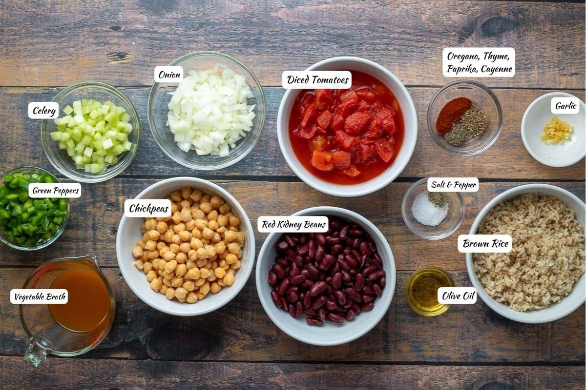 Vegan Jambalaya Ingredients: Celery, onion, diced tomatoes, spices, garlic, brown rice, olive oil, salt and pepper, kidney beans, chickpeas, vegetable broth, green peppers,