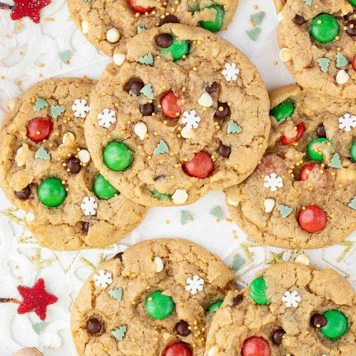 Chocolate chip cookies with green and red candies.