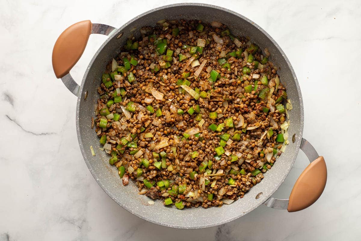 Lentils and spices, with onions, and garlic.