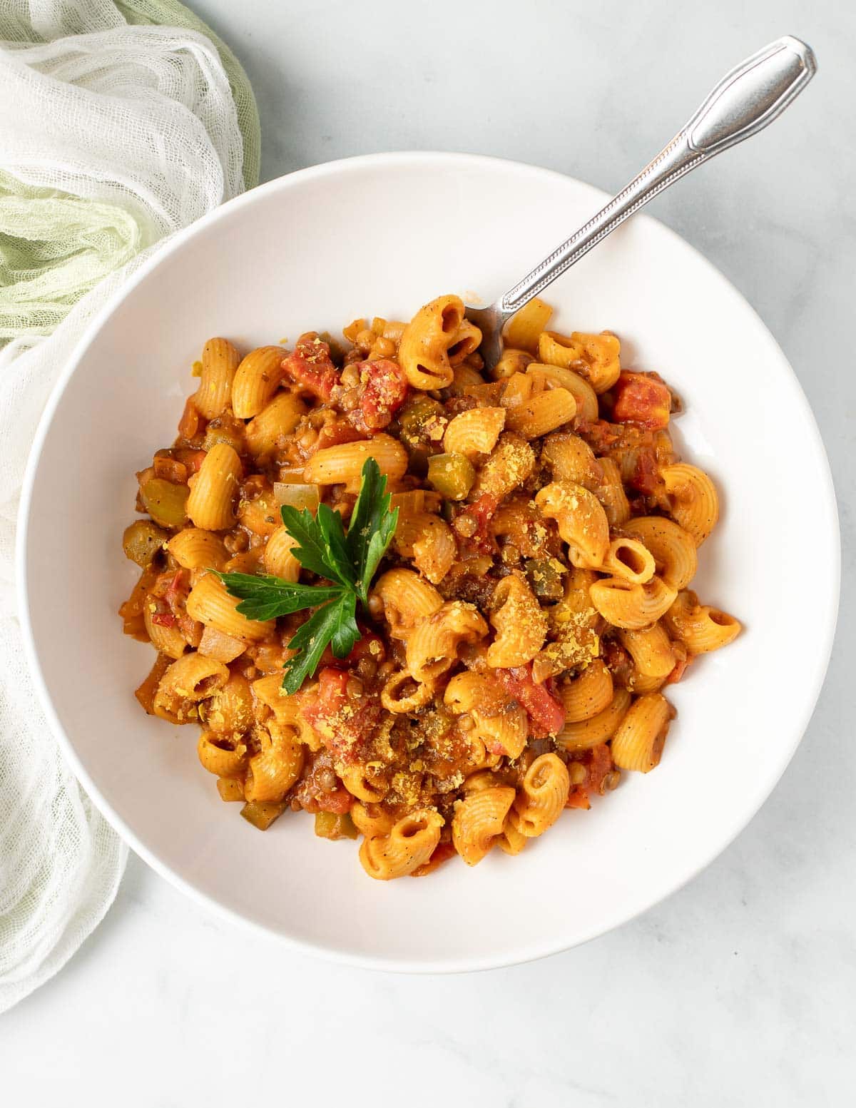 Bowl of vegan hamburger helper.