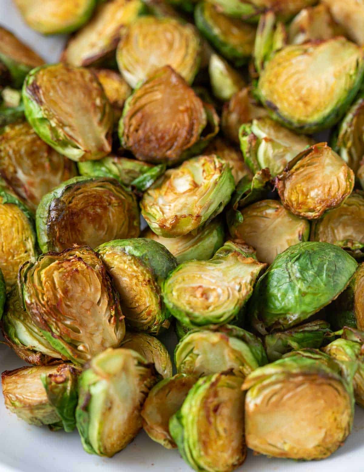 Close up of soy glazed brussels sprouts.