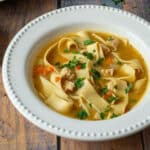 Bowl of vegan chicken noodle soup.