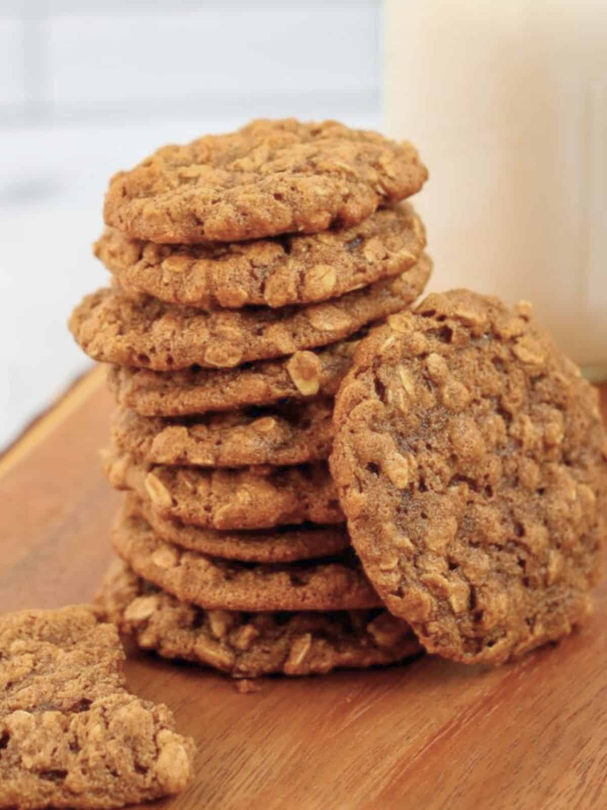 Stack of vegan oatmeal cookies on a serving tray.