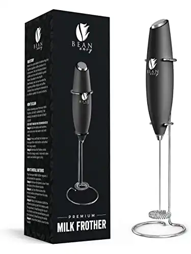 Bean Envy Handheld Milk Frother for Coffee Electric Hand Blender, Mini Drink Mixer Whisk & Coffee Foamer Wand w/Stand for Lattes, Matcha and Hot Chocolate Kitchen Gifts Bla...
