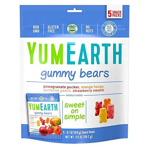 YumEarth Gluten Free Gummy Bears, Assorted Flavors, 99 grams, 5 Snack Packs Per Bag