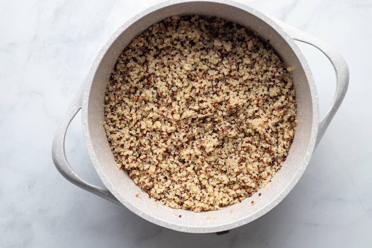 Cooked quinoa in a pot.