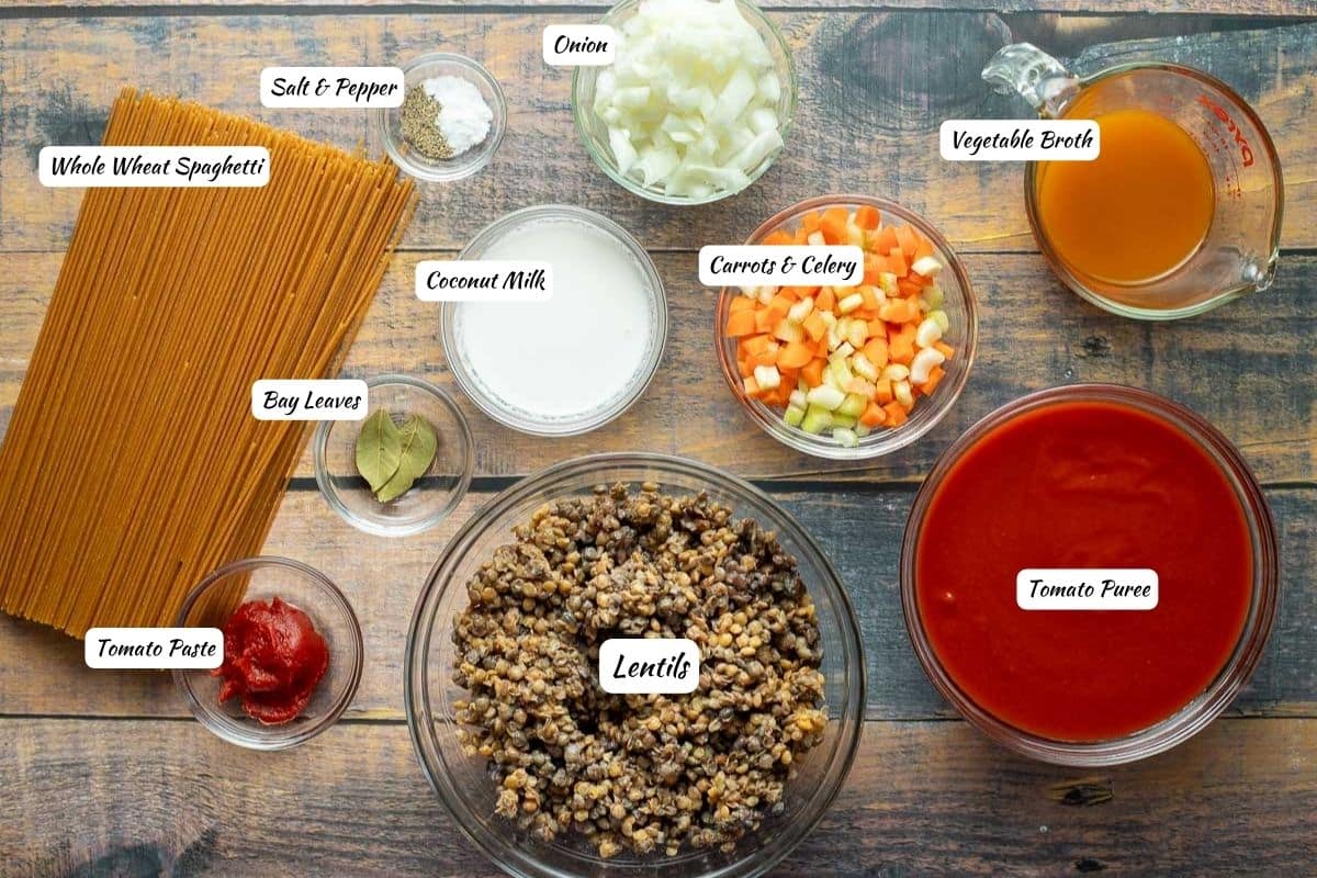 Whole wheat spaghetti, salt and pepper, onions, vegetable broth, tomato puree, lentils, carrots and celery, coconut milk, bay leaves, tomato paste. 