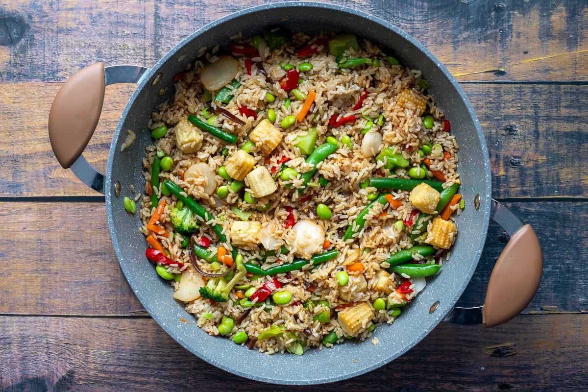 Vegan stir-fried rice in a pan.