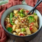 Bowl of vegan stir-fried rice.