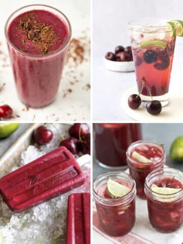 Cherry Recipes collage: cherry smoothie, cherry drink, cherry popsicles, cherry margarita.