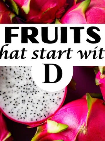 Dragon fruit background with title Fruits that Start with D.