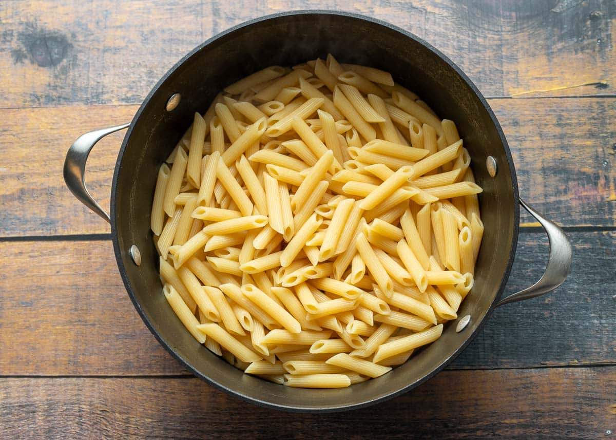 Penne pasta in pot.
