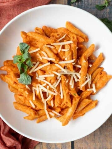 Penne pasta coated with vegan vodka sauce topped with fresh basil and vegan parmesan cheese.