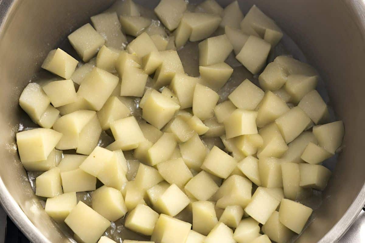 Diced apples in a pot.