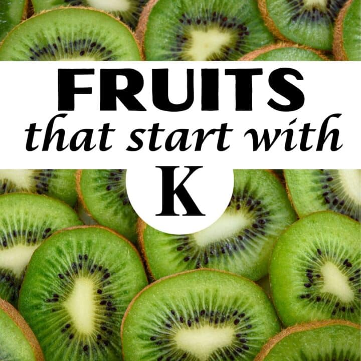 Title: Fruits that Start With K, witch a background of cut kiwi.