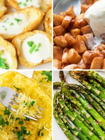 Vegan Air Fryer Recipes: potato skins, diced apples, spaghetti squash, and asparagus.