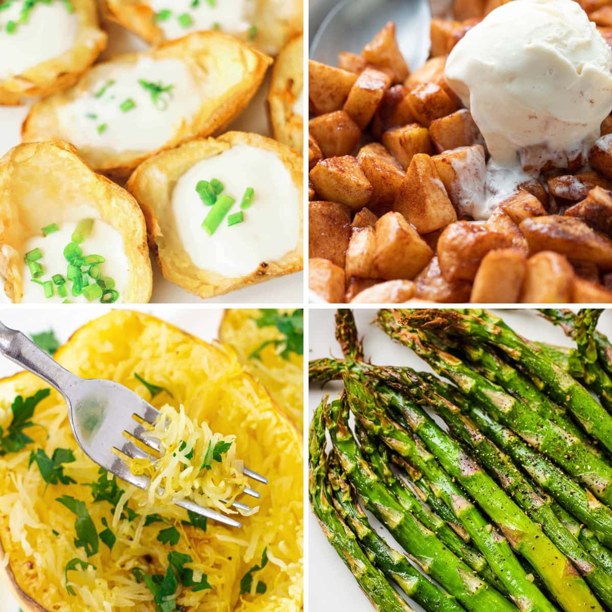 Vegan Air Fryer Recipes: potato skins, diced apples, spaghetti squash, and asparagus.