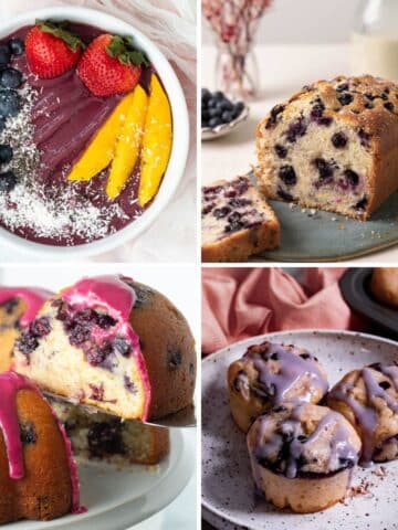 Vegan Blueberry Recipes: Blueberry Acai bowl, blueberry bread, blueberry bundt cake, blueberry muffins.