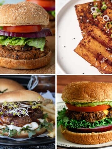 Vegan Cookout Ideas: jackfruit burgers, tofu steaks, portobello burgers, and black bean burgers.