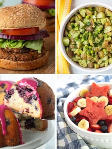 Collage of vegan memorial day recipes: jackfruit burgers, potato salad, blueberry cake, fruit salad.