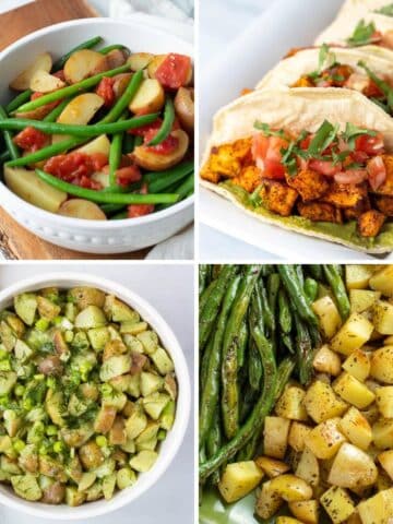 Collage of vegan potato recipes: bowl of potatoes and green beans, sweet potato tacos, potato salad, and crispy baked potatoes and green beans.