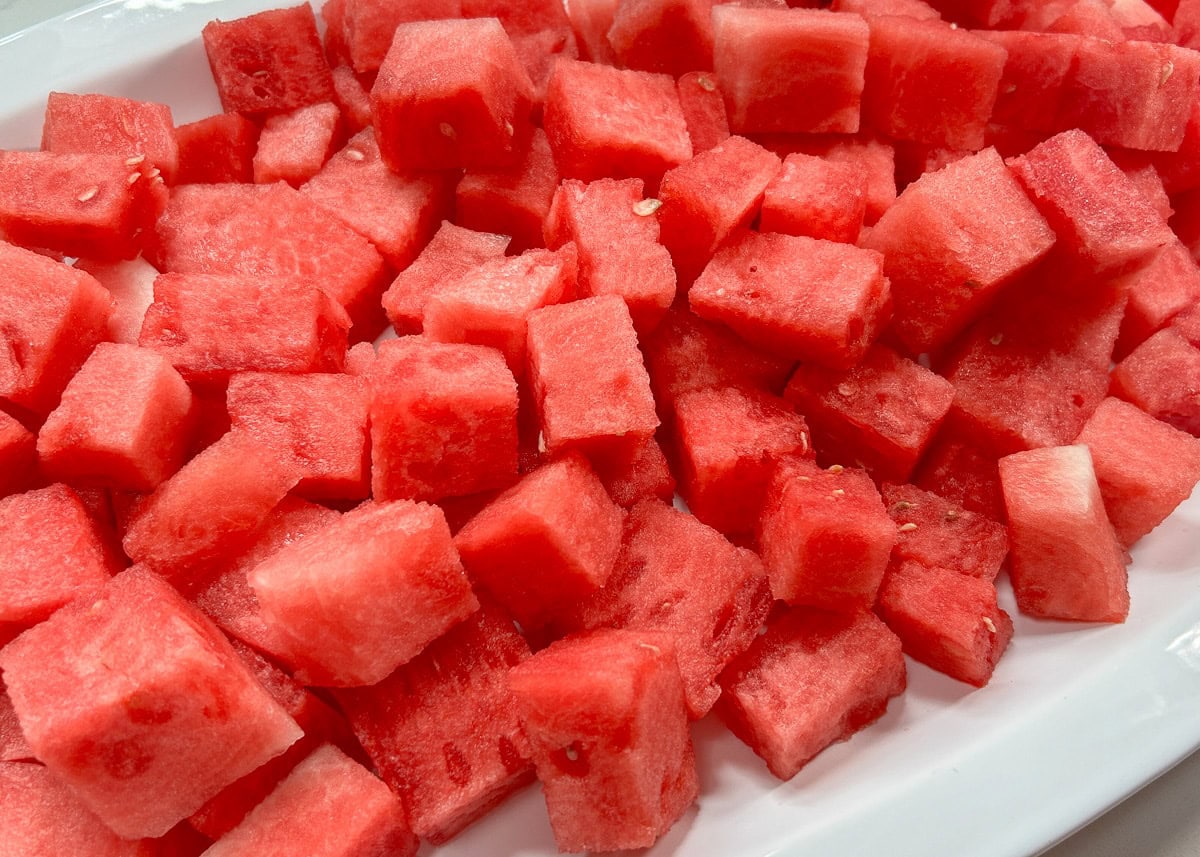 Watermelon cut into cubes.